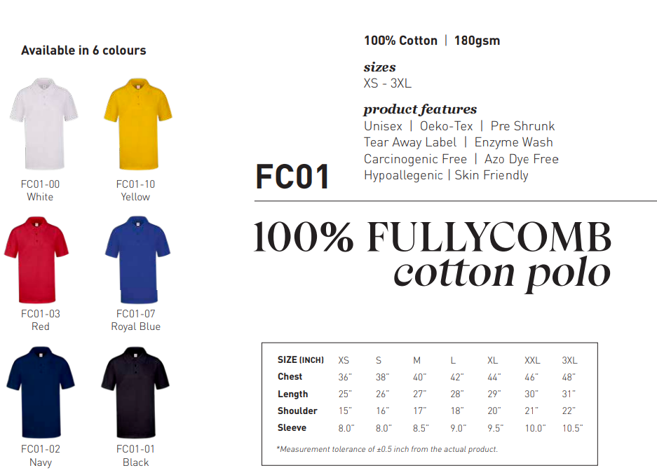 FC01 - Fullycomb Cotton Polo 180GSM