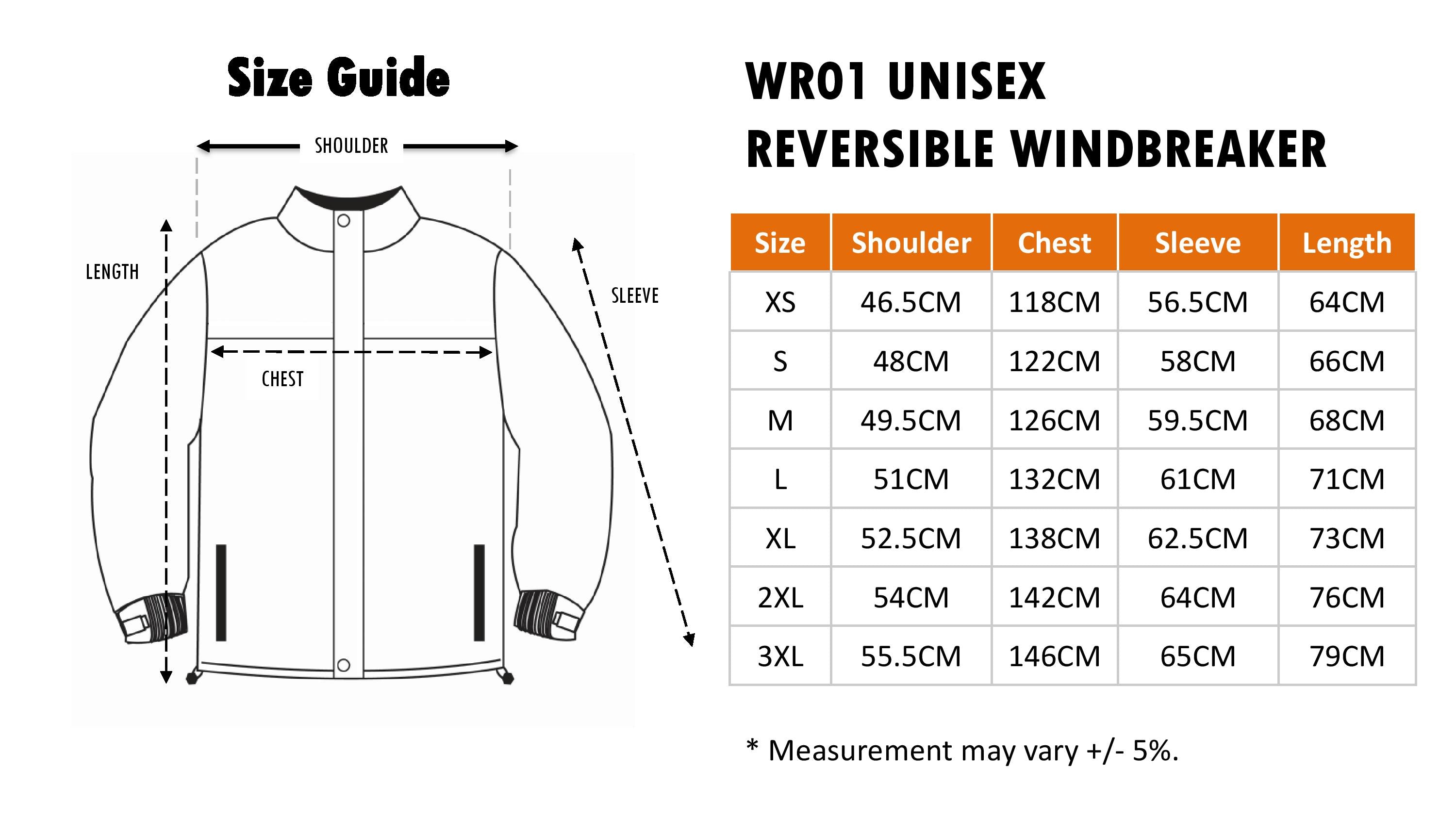 WR 01 - UNISEX FULL-ZIP Reversible Windbreaker 125gsm
